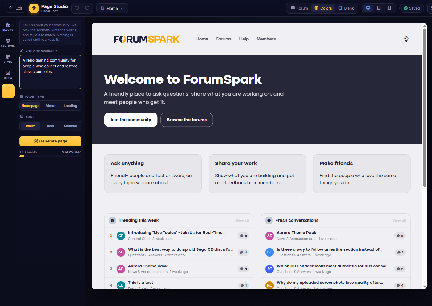 The AI page generator inside Page Studio