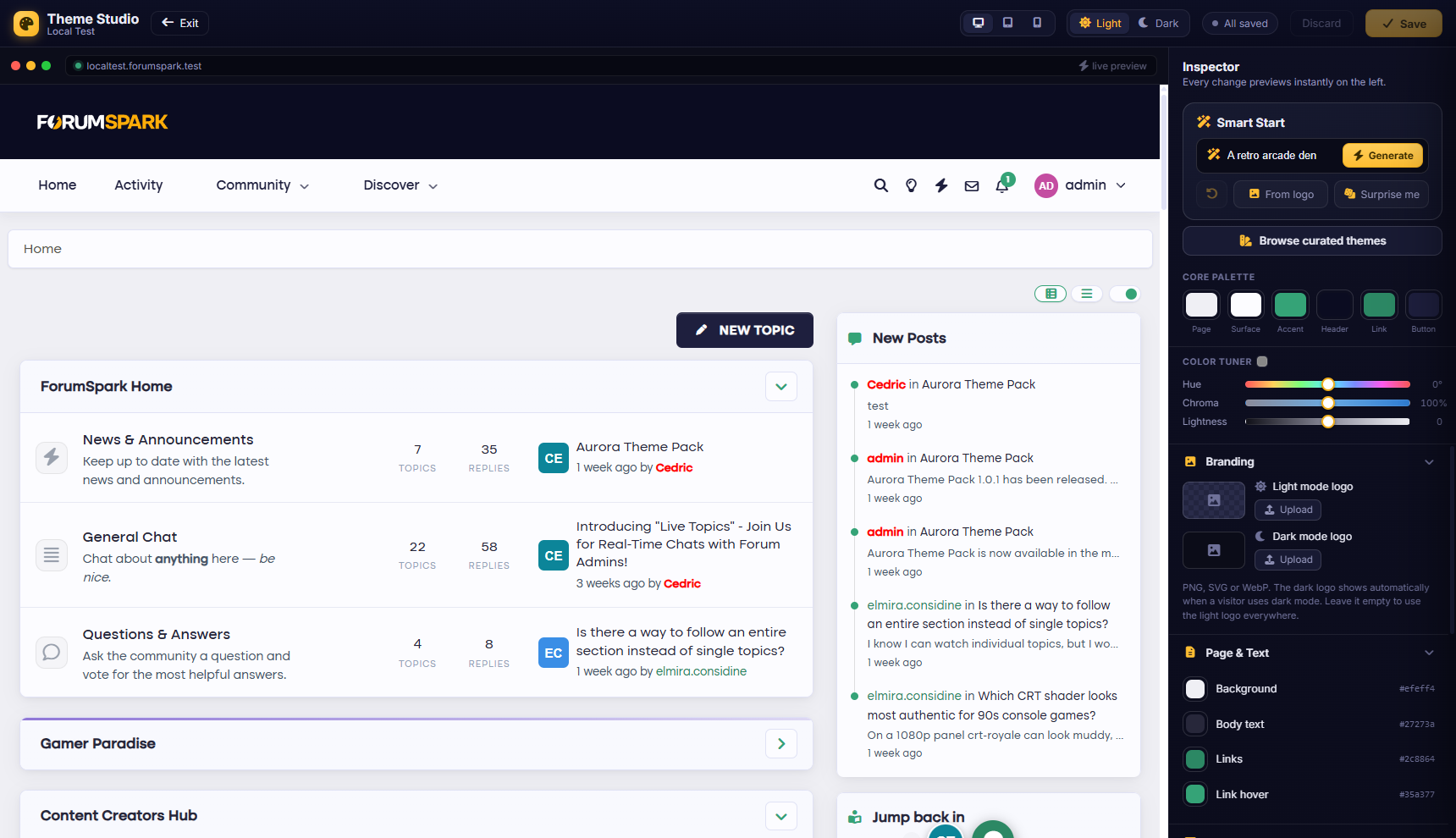 Theme Studio Smart Start generating a theme from a description