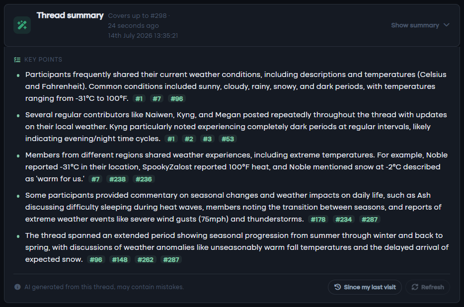 A thread summary in dark mode