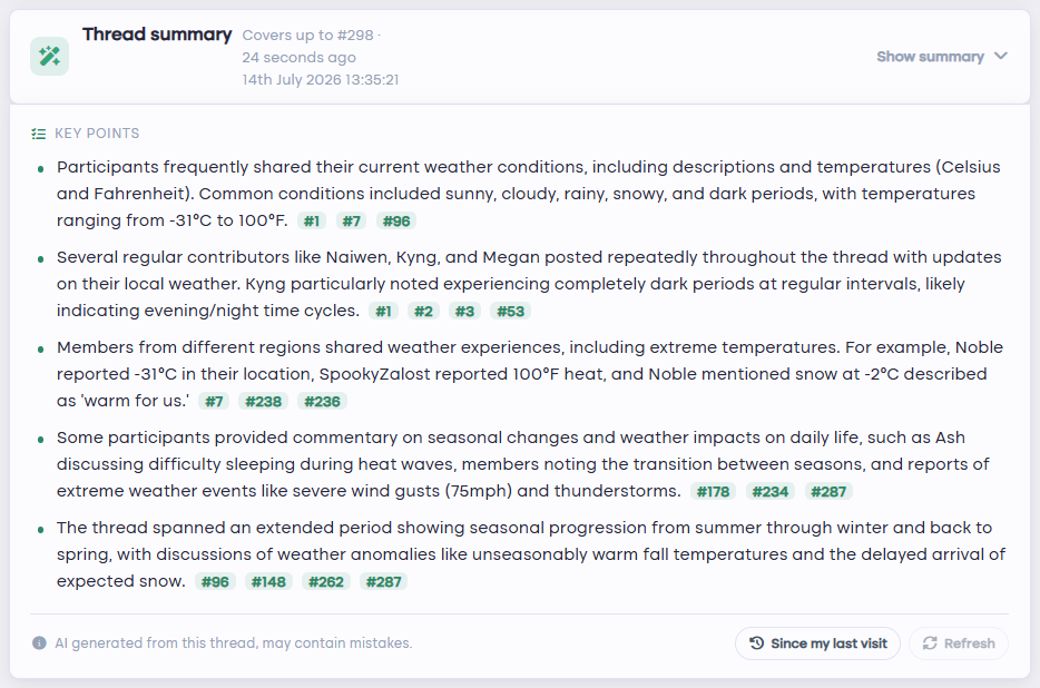 A thread summary condensing 298 replies into cited key points