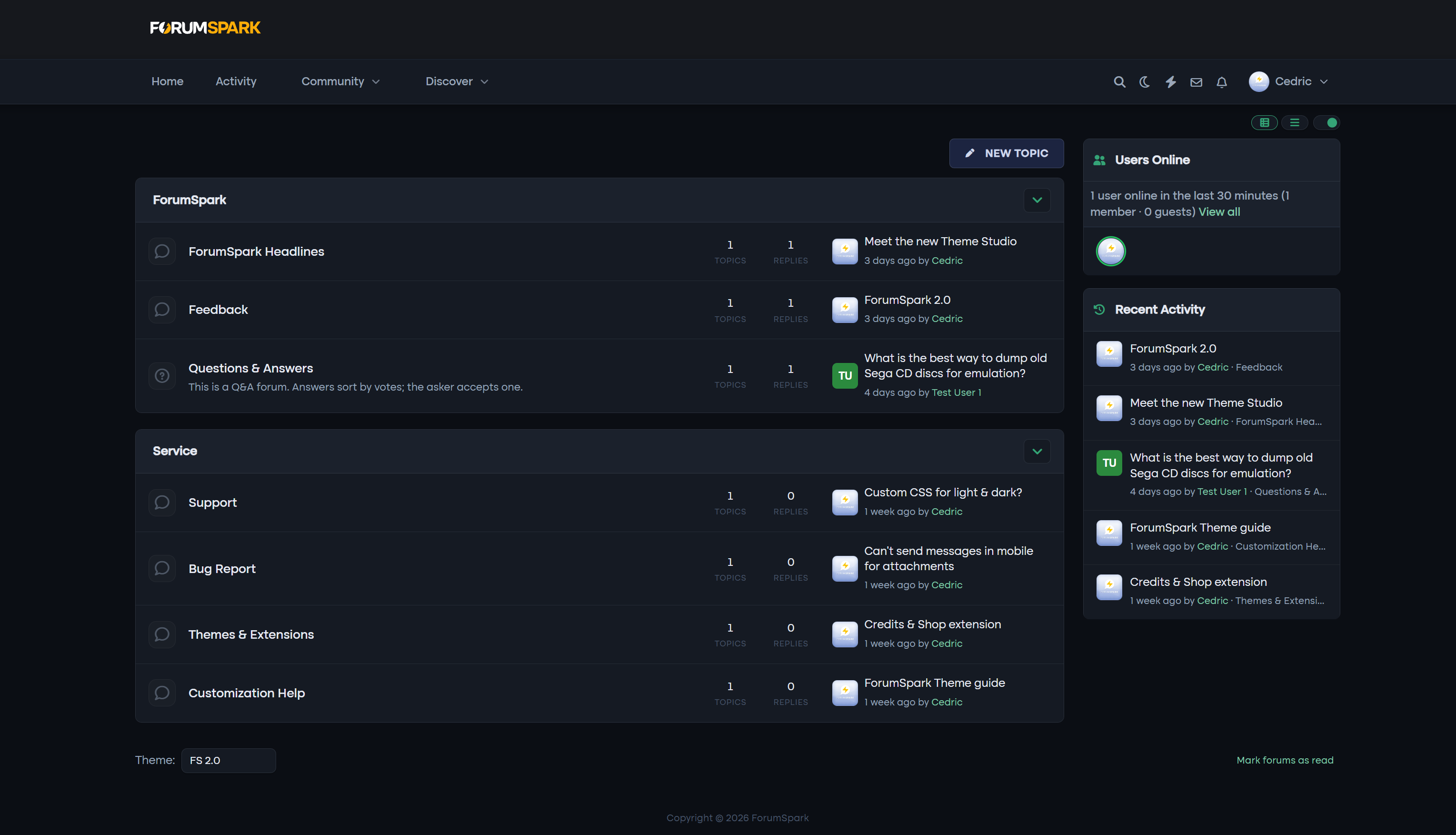A community running on ForumSpark in dark mode