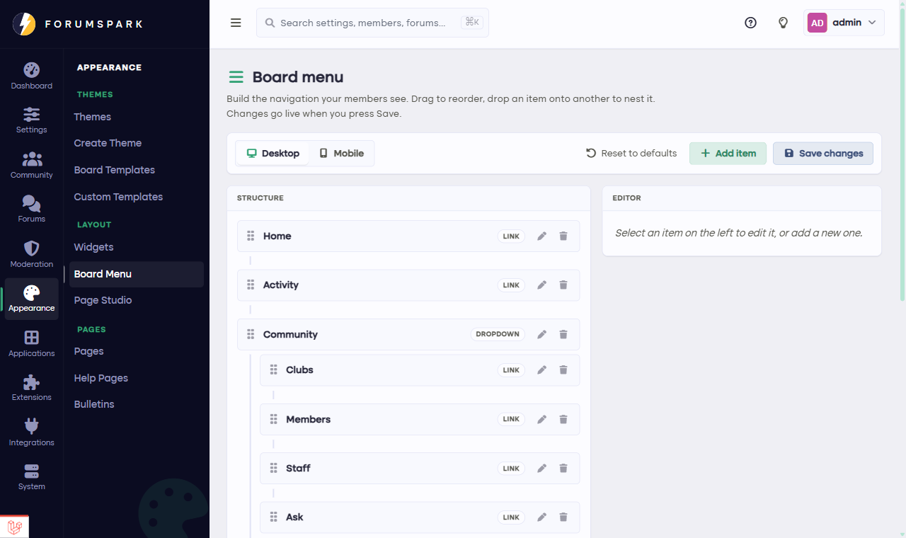 The board menu manager with its items