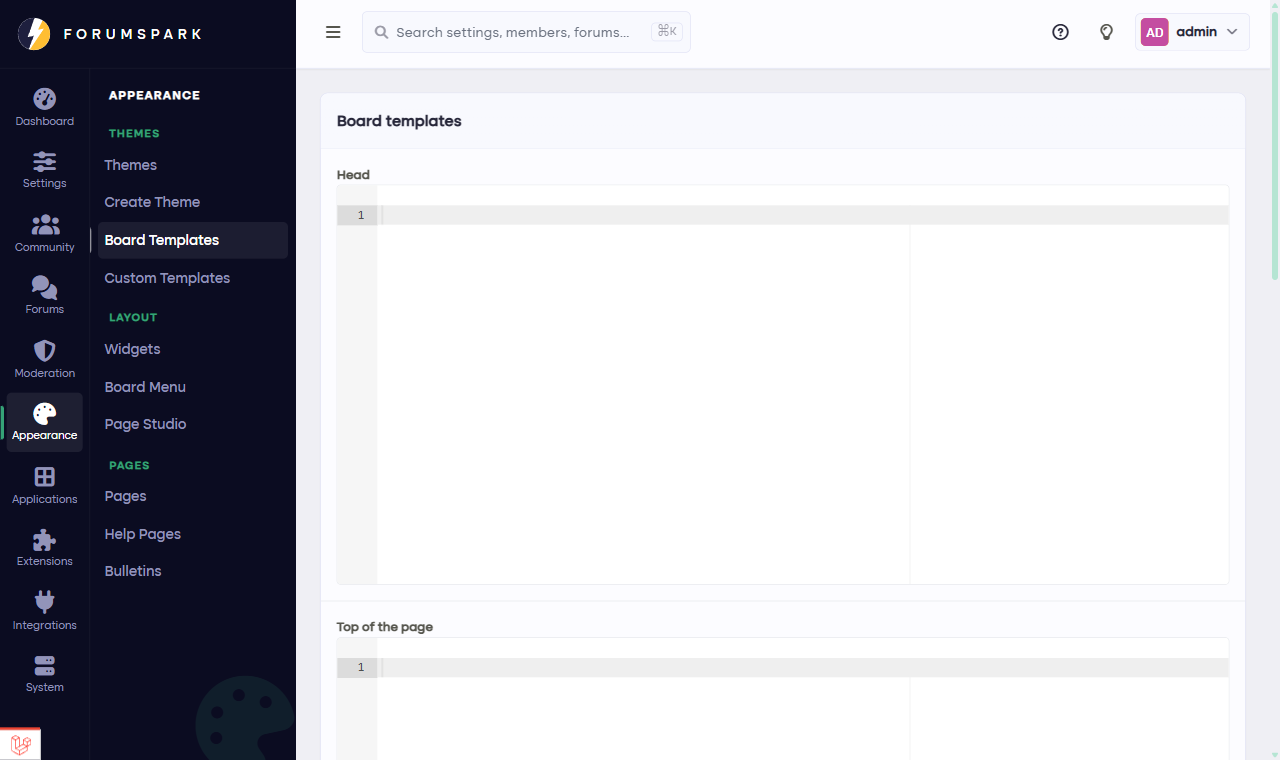 The board templates page with its four HTML slots