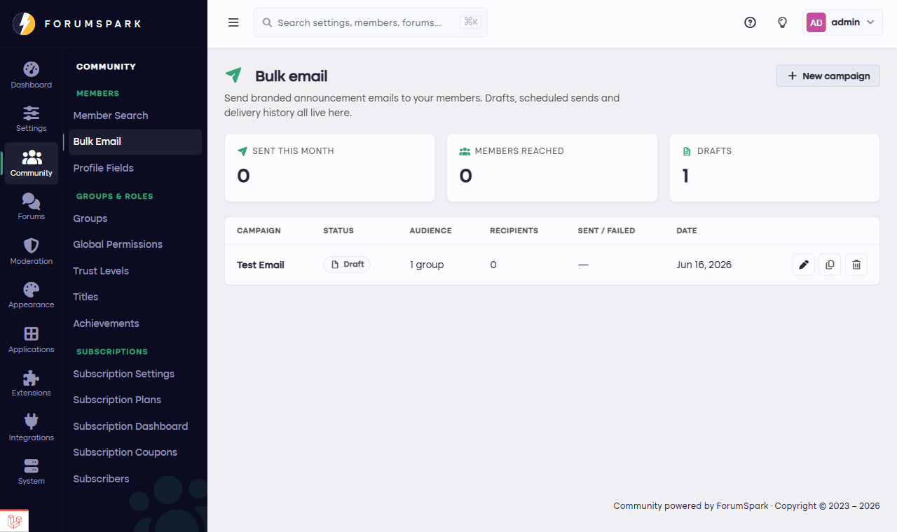 The bulk email page