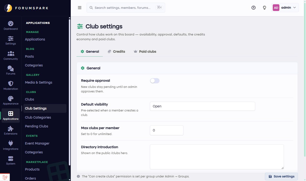 The club settings page