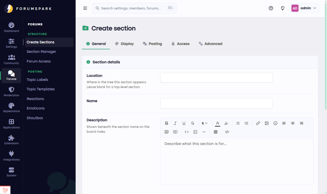 The create section form