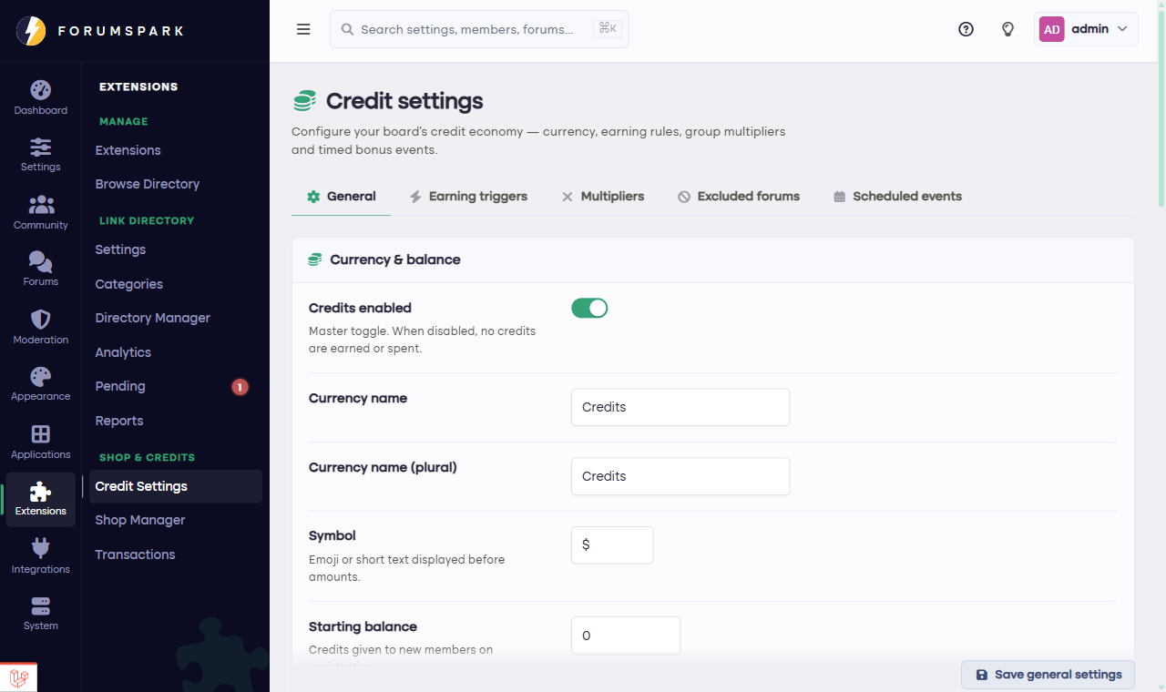 The credit settings page