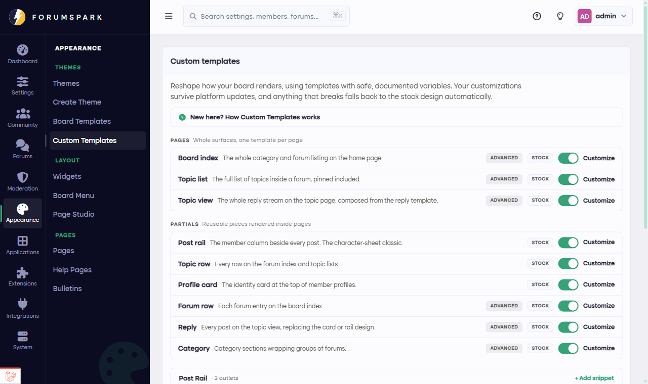 The Custom Templates overview with pages and partials