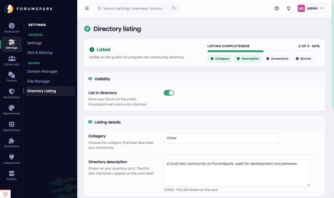 The directory listing settings