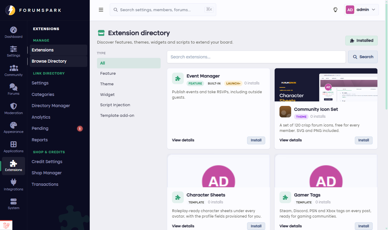 The extensions directory