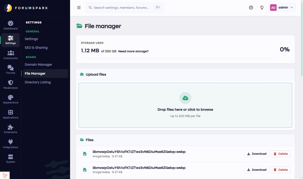 The file manager with uploaded files and storage usage