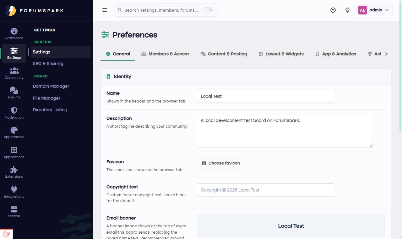 The settings page with the board name and description