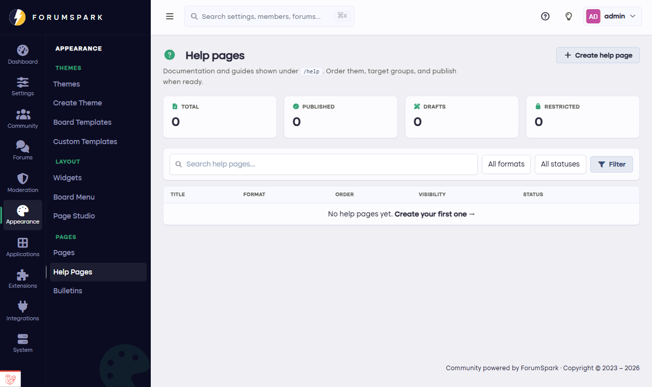 The help pages manager