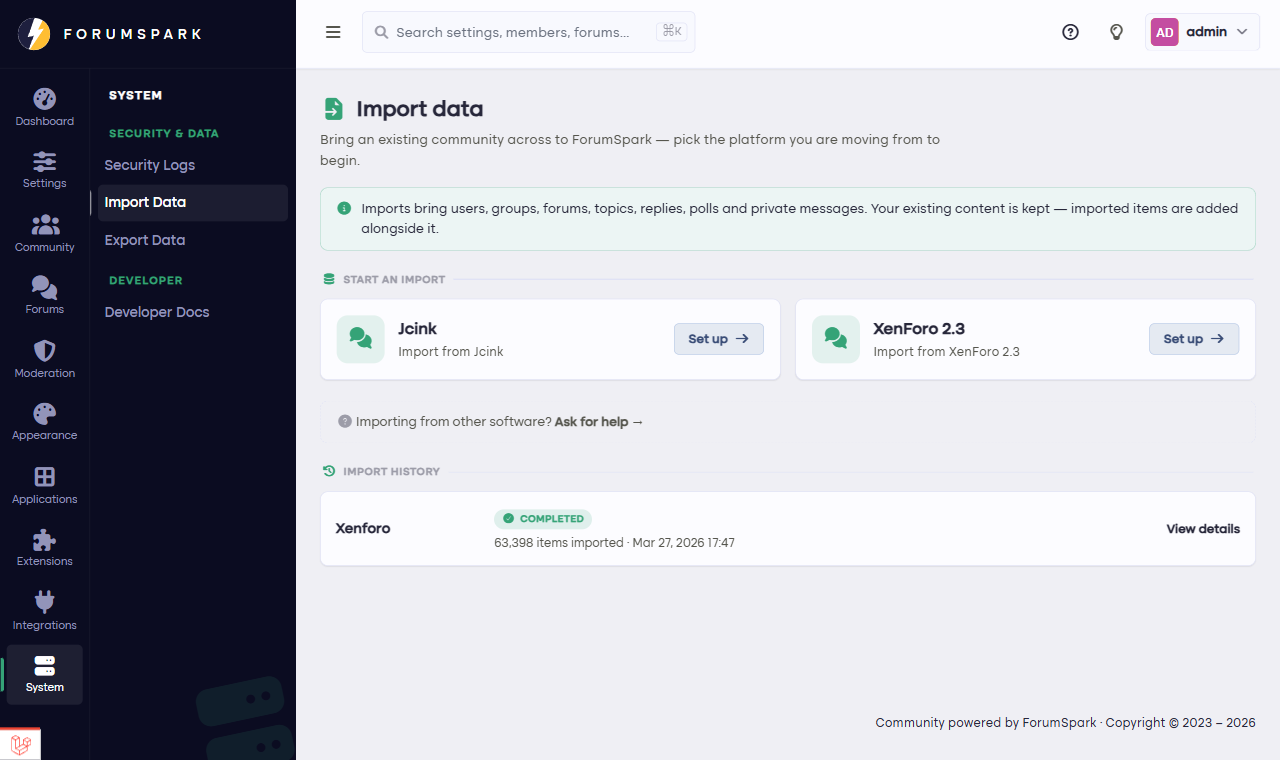The import tool with Jcink and XenForo as platforms