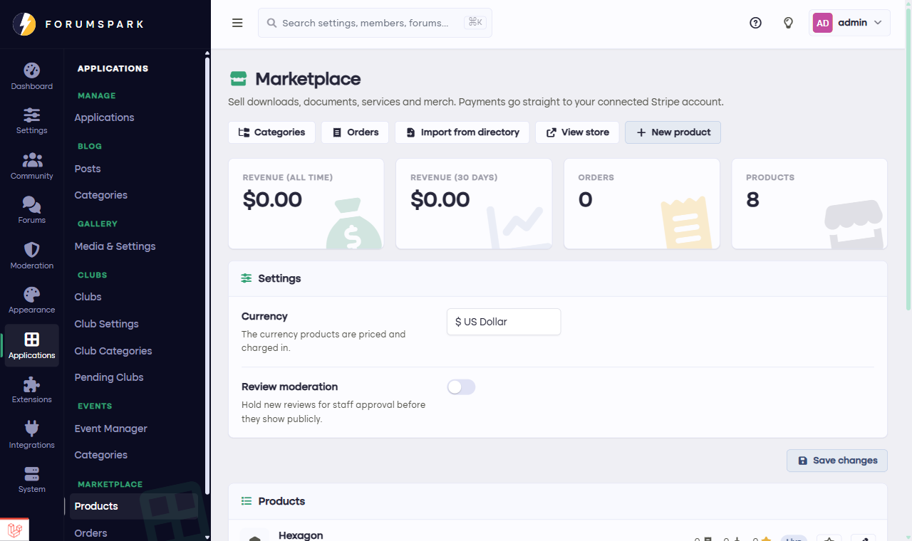 The marketplace products admin