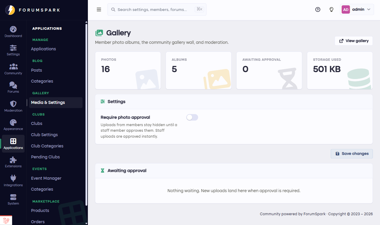The gallery admin page