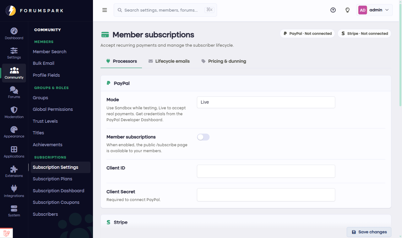 The member subscriptions settings