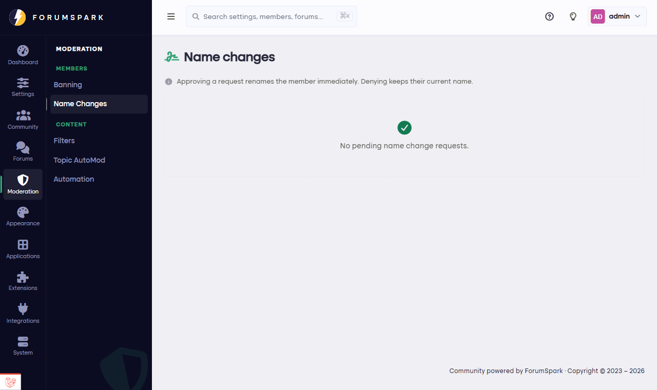 The name changes admin page