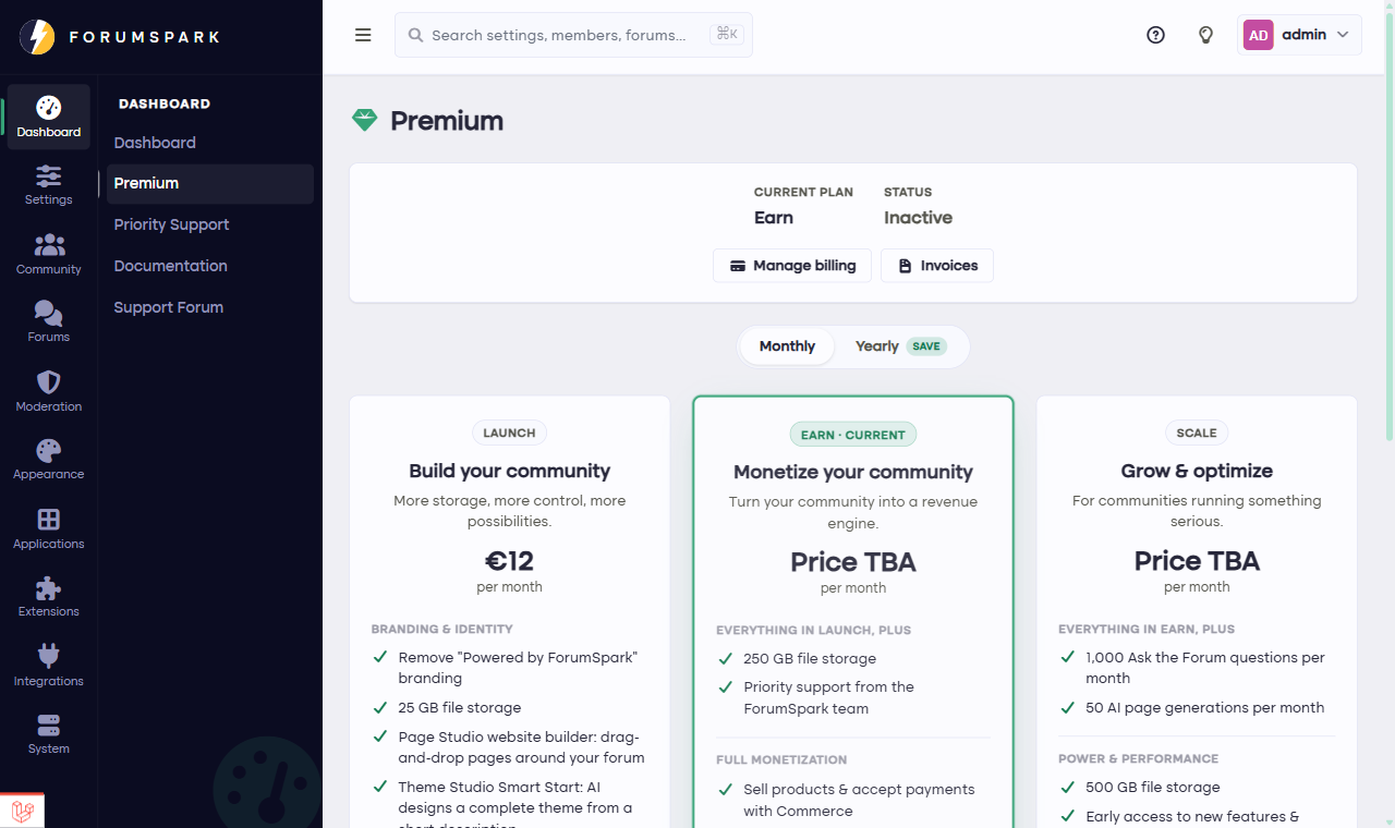 The Premium page comparing the plans