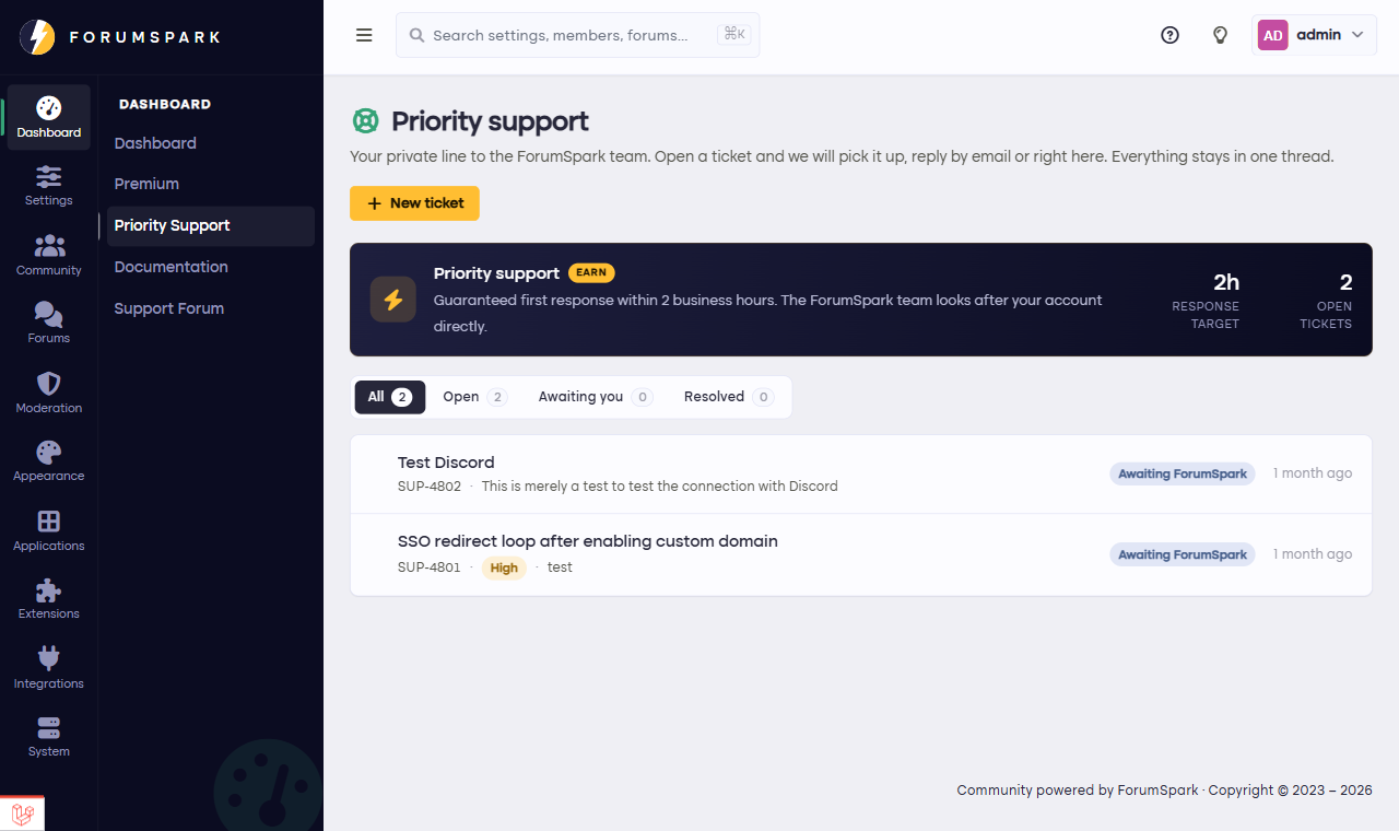 The priority support desk in the admin panel