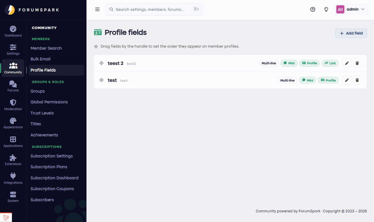 The custom profile fields manager