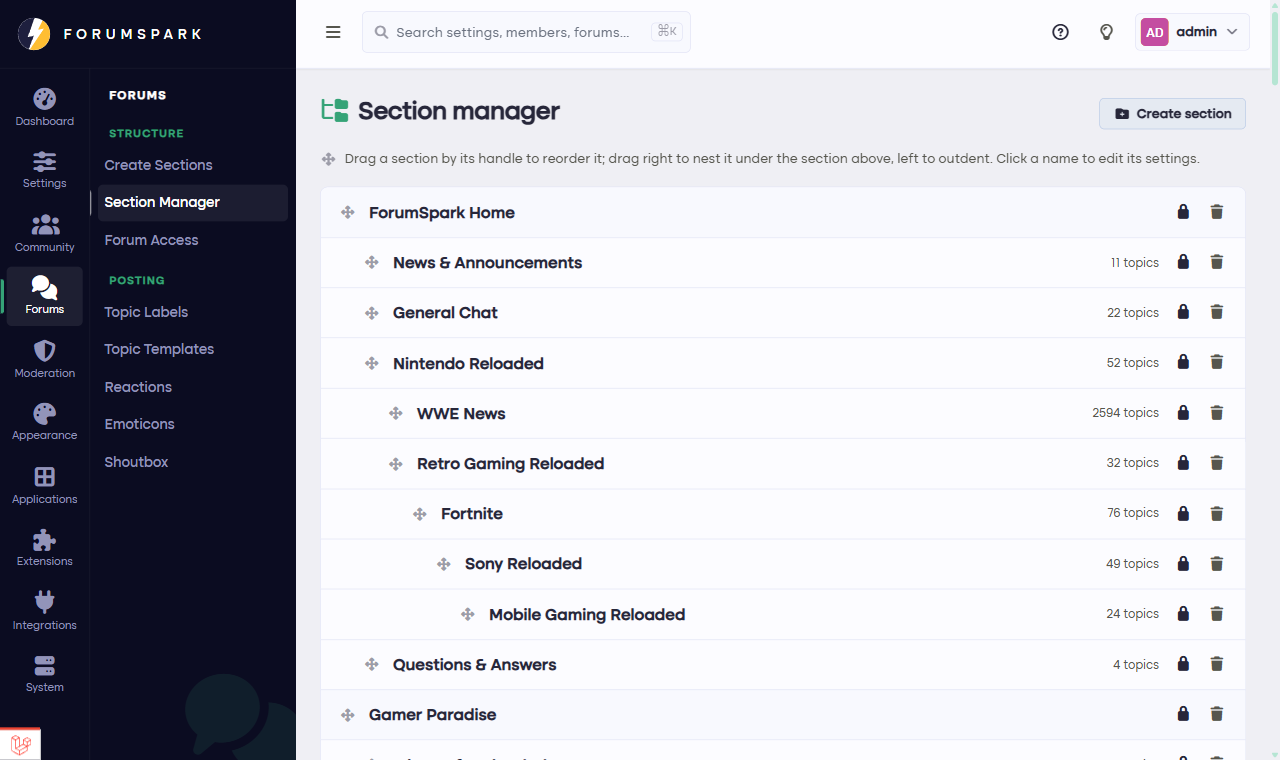The Section Manager with the board structure as a draggable tree