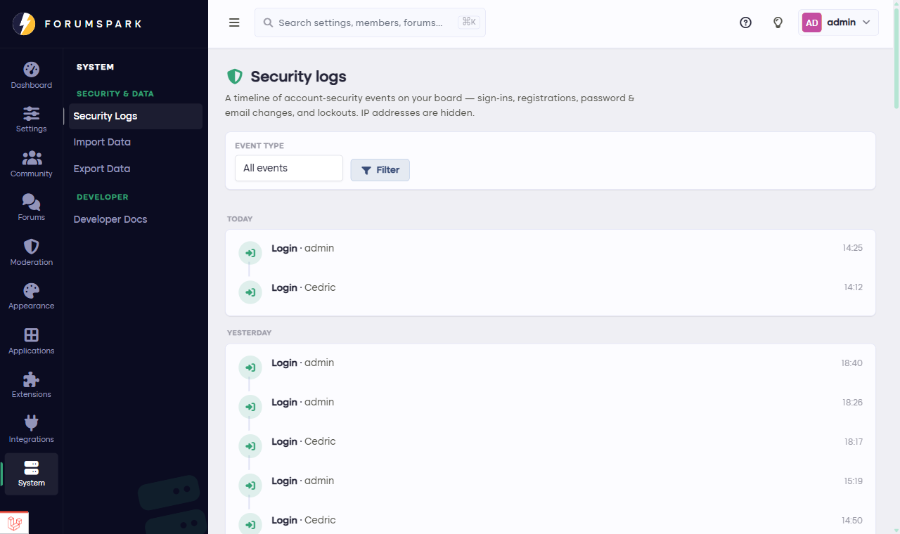 The security logs page