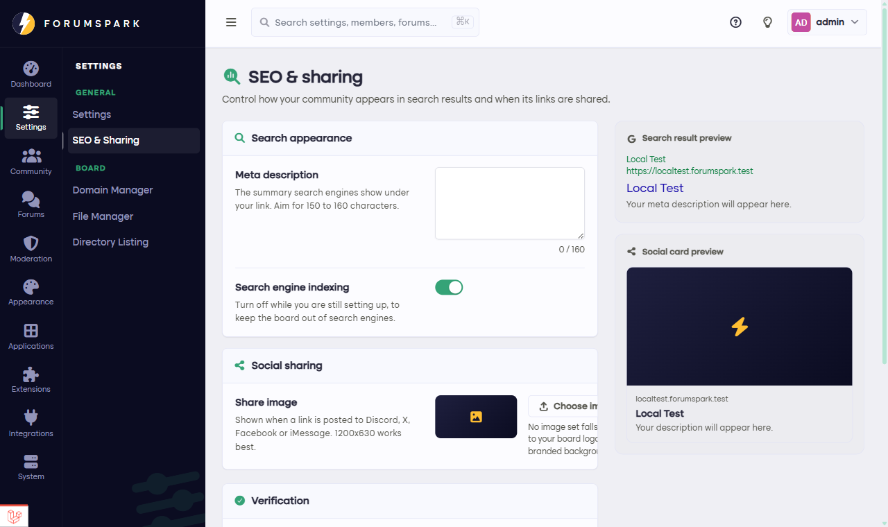 The SEO and sharing settings with live previews