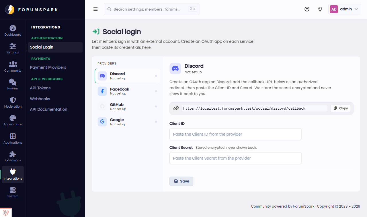 The social login providers configuration