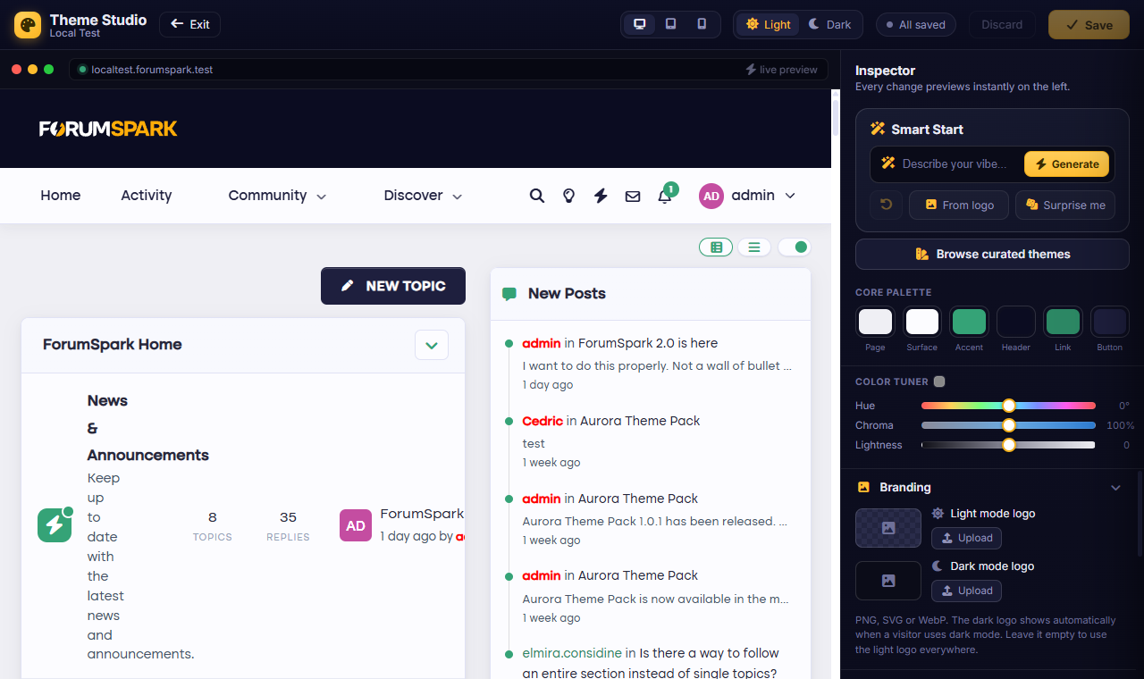 Theme Studio with the settings rail beside a live board preview