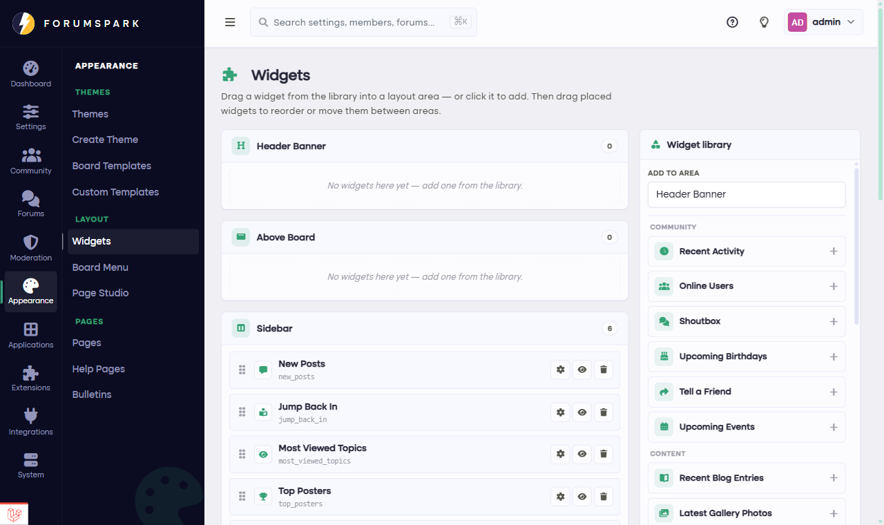 The widget manager with the available widgets