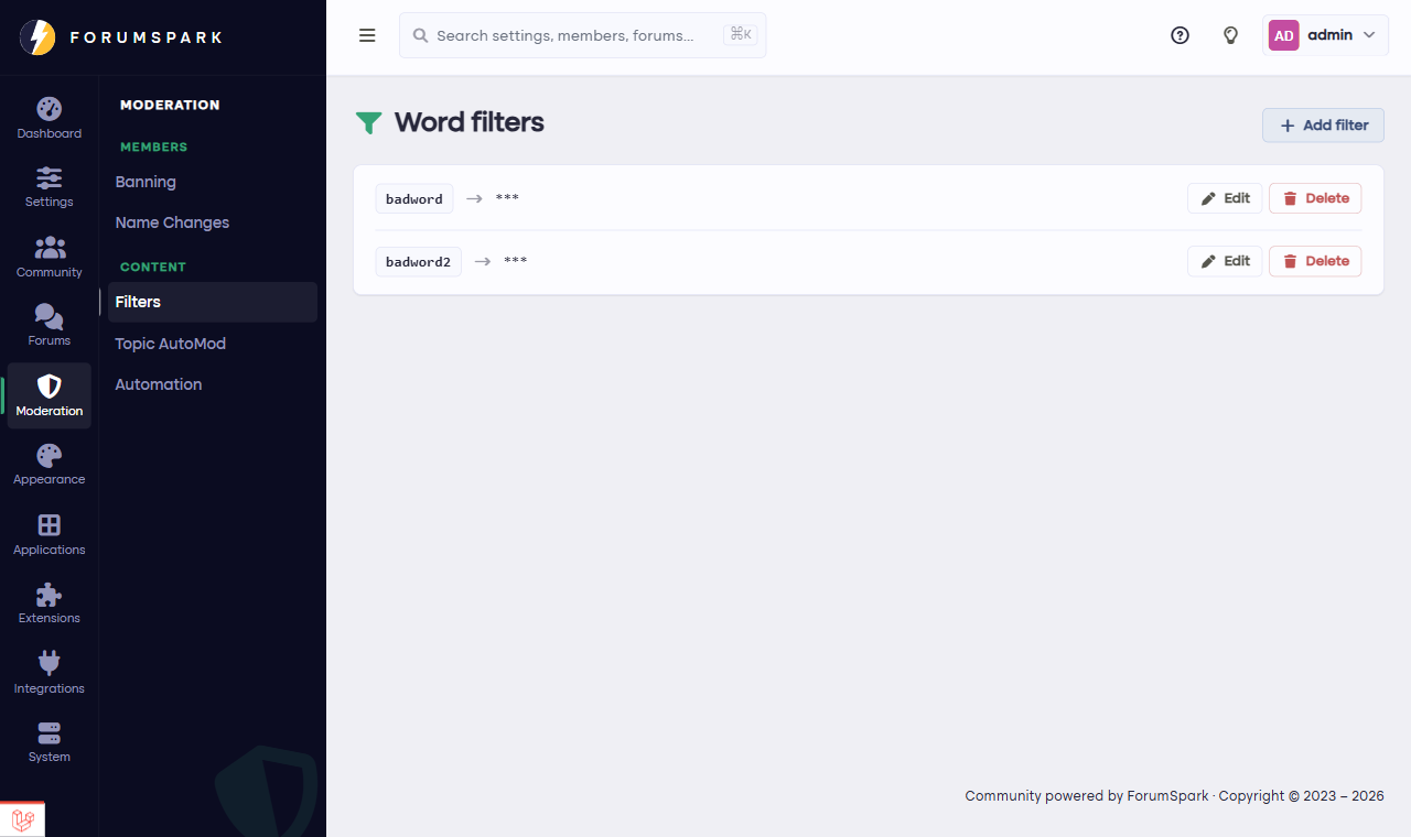The word filters page