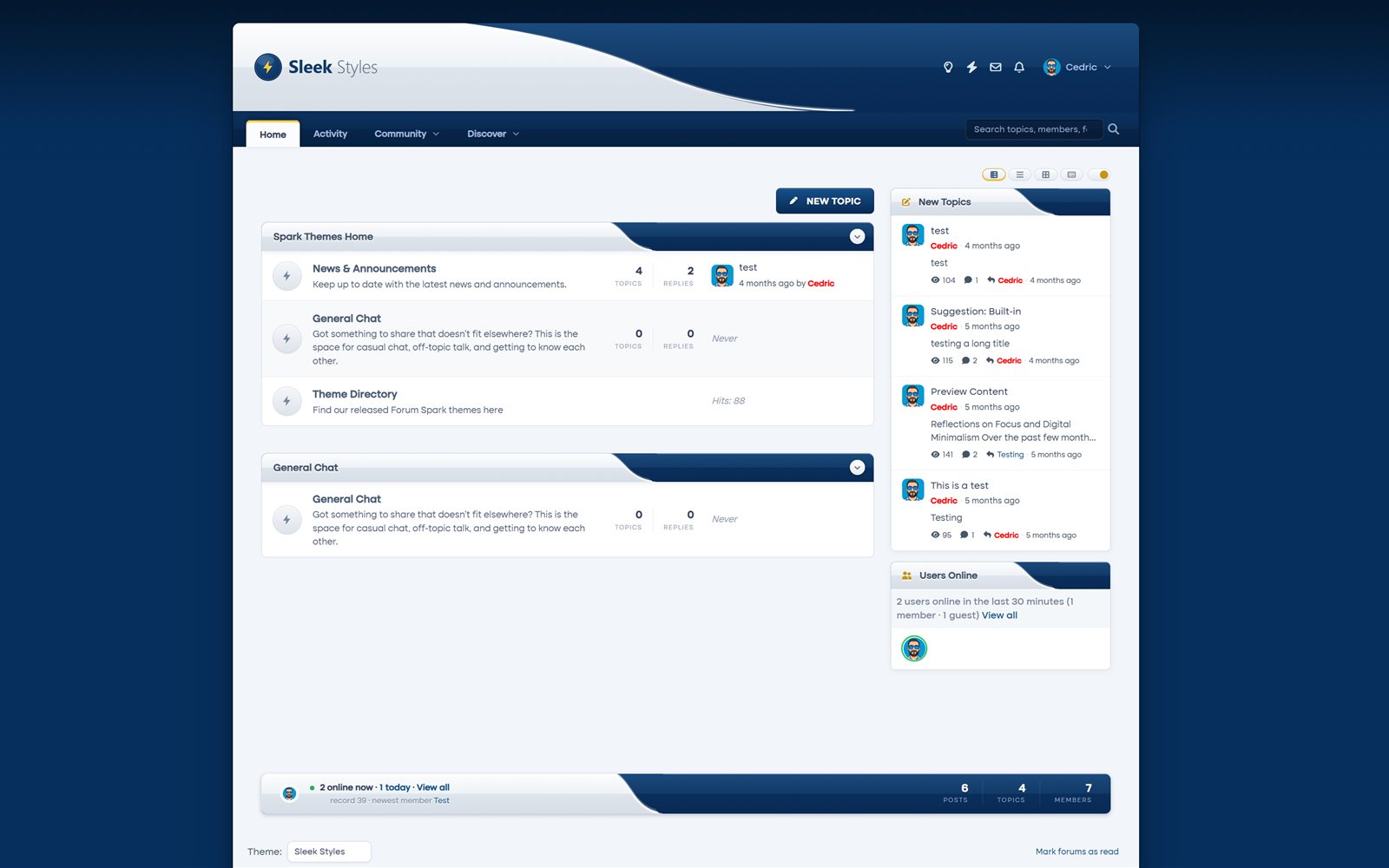 The Sleek Styles theme on a ForumSpark board