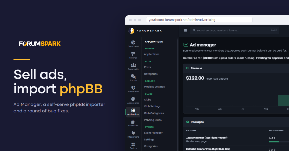 Ad Manager, a phpBB importer and a round of fixes